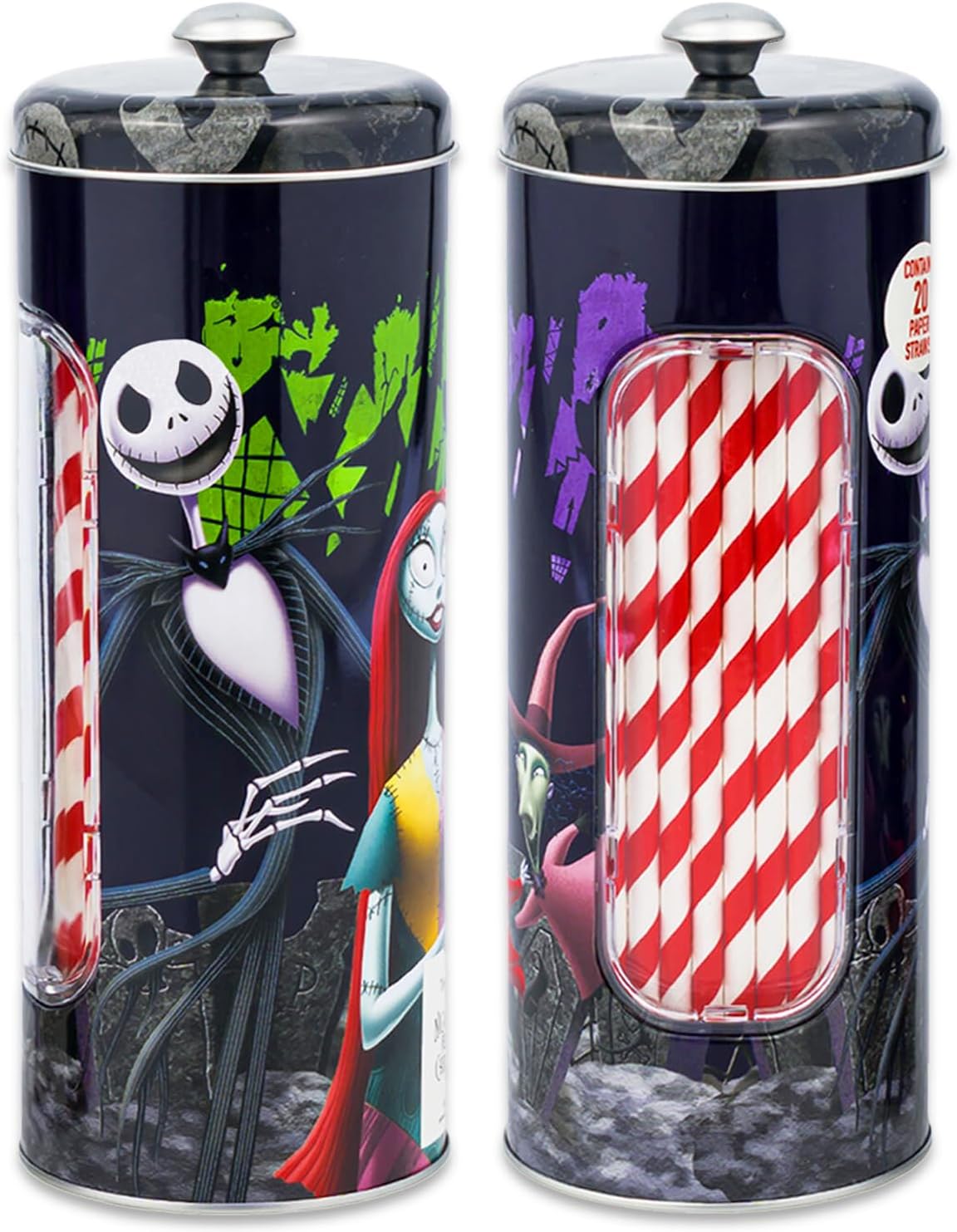 Nightmare Before Christmas Kitchen Accessories Set - Bundle with Jack and Sally Straw Dispenser with 20 Straws Plus Decals | Nightmare Before Christmas Straw Holder for Kitchen Decor