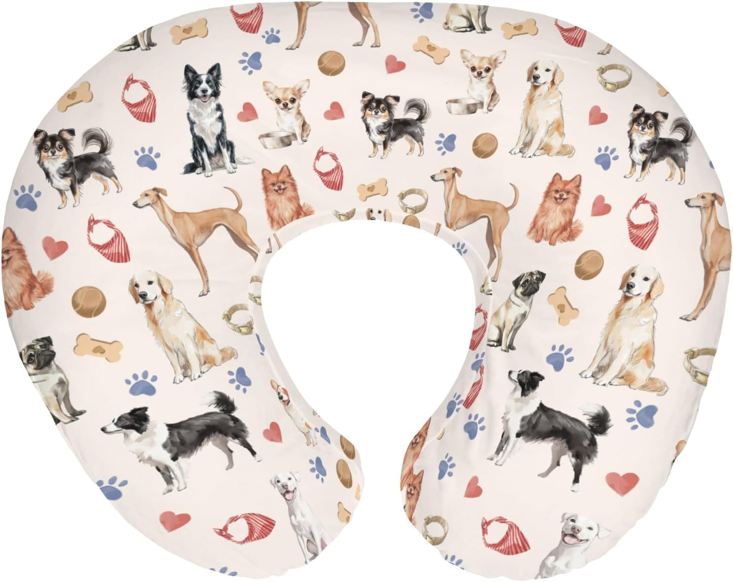 Watercolor Dogs Paws Heart Nursing Pillow Covers for Boy Girl Cute Dog Breeds Nursing Pillow Slipcovers for Breastfeeding Pillows Dogs Lovers Gift Soft Stretchy Removable Covers for Newborn Infant