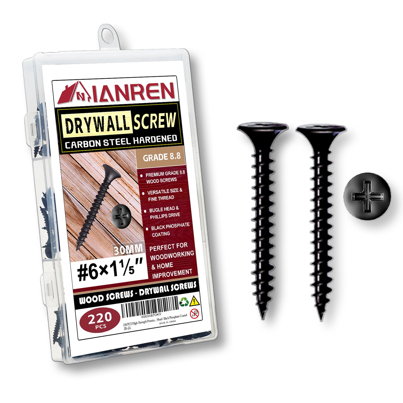 IANREN #6 1-1/5" Black Drywall Screws Wood Screws 220pcs - Fine Thread Phillips Head for Cabinet Hardware Drawer Slides & Decorative Trim (