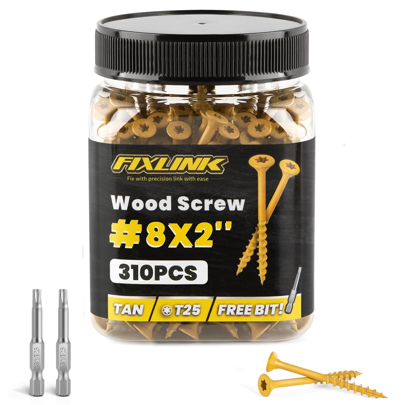 Wood Screws 2 Inch, FIXLINK Deck Screws #8 x 2, 310pcs, Epoxy Coated, T25 Star Bit Above 1500 Hour Salt Spray Coating Outdoor Decking Screws Excellent