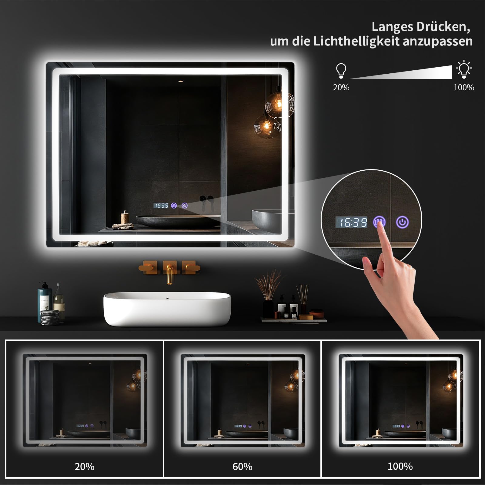 Treeboy Badspiegel mit Beleuchtung 70x50cm - LED Badezimmerspiegel mit Uhr, Temperatur & Feuchtigkeitsanzeige - Gehärteter mit Beschlagfrei, Touch-Schalter, 3 Lichtfarben Dimmbar, IP44 Wandspiegel