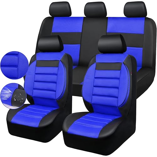CAR PASS Leather 3D Foam Back Support Car Seat Covers Full Set Air Mesh Automotive Seat Covers, All Season Car Seat Cover Fit Automotive,SUV,Sedan,Van, Airbag Compatible Elegance(Black and Blue Royal)