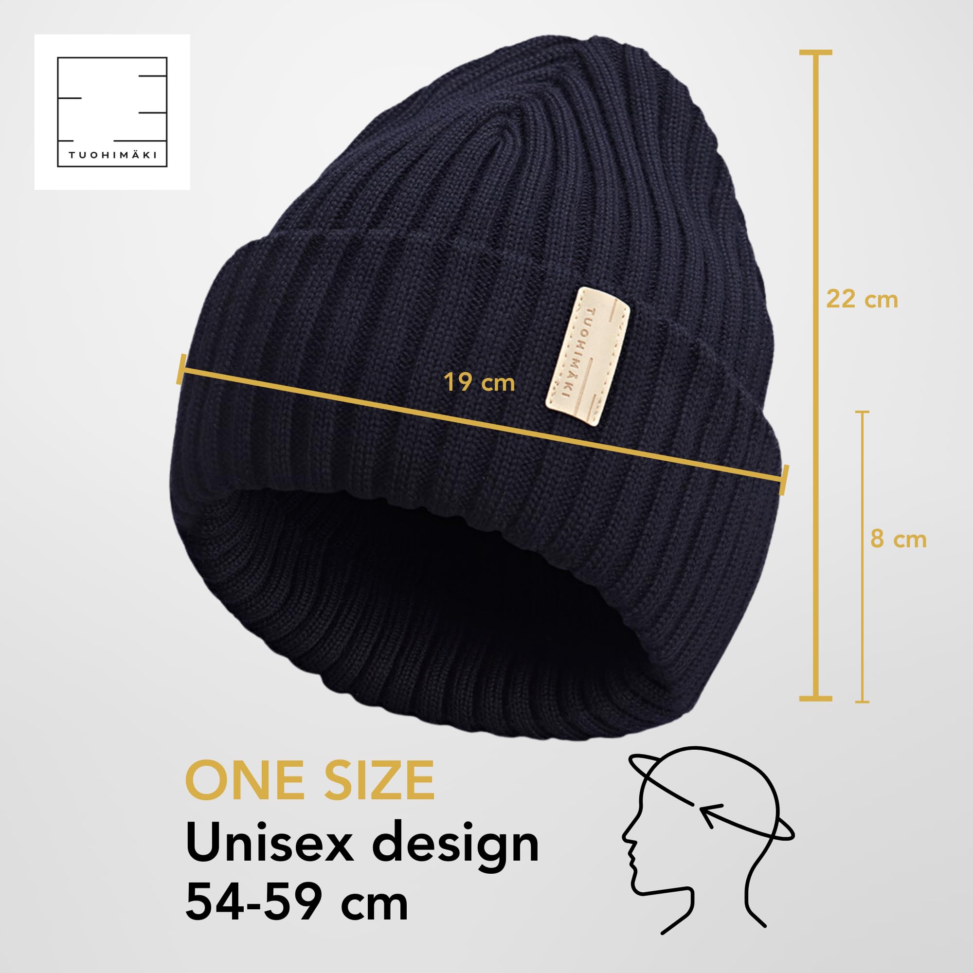 Gorro de Lana Merino para Mujer, 100% Lana Merino Extrafina, sin Mulesing – Fabricado en Finlandia – Azul Oscuro, Talla Única – Gorro de Invierno Suave y Transpirable