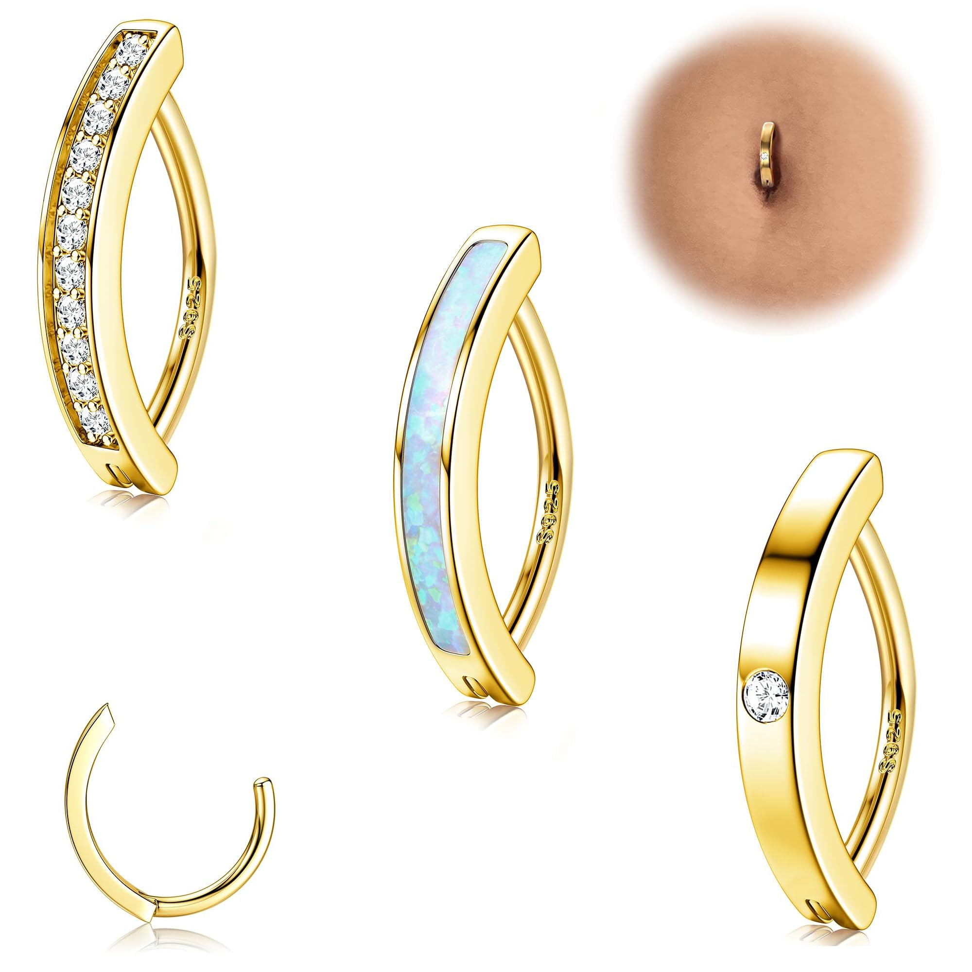 FIOROYAL 3 Piezas Piercing Ombligo Anillo 14G para Mujer, Anillos para Ombligo Plata de Ley 925, Anillos para Ombligo Aro Ópalo Cz, Joyería para Piercing Ombligo con Curvatura Inversa Simple