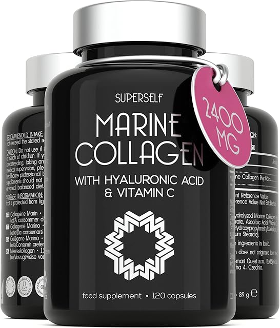 Marine Collagen Supplement 2400mg - 120 Capsules with Hyaluronic Acid and Vitamin C - Premium Type 1 Hydrolysed Collagen Tablets for Women and Men - High Strength Complex for Skin Bones Joints