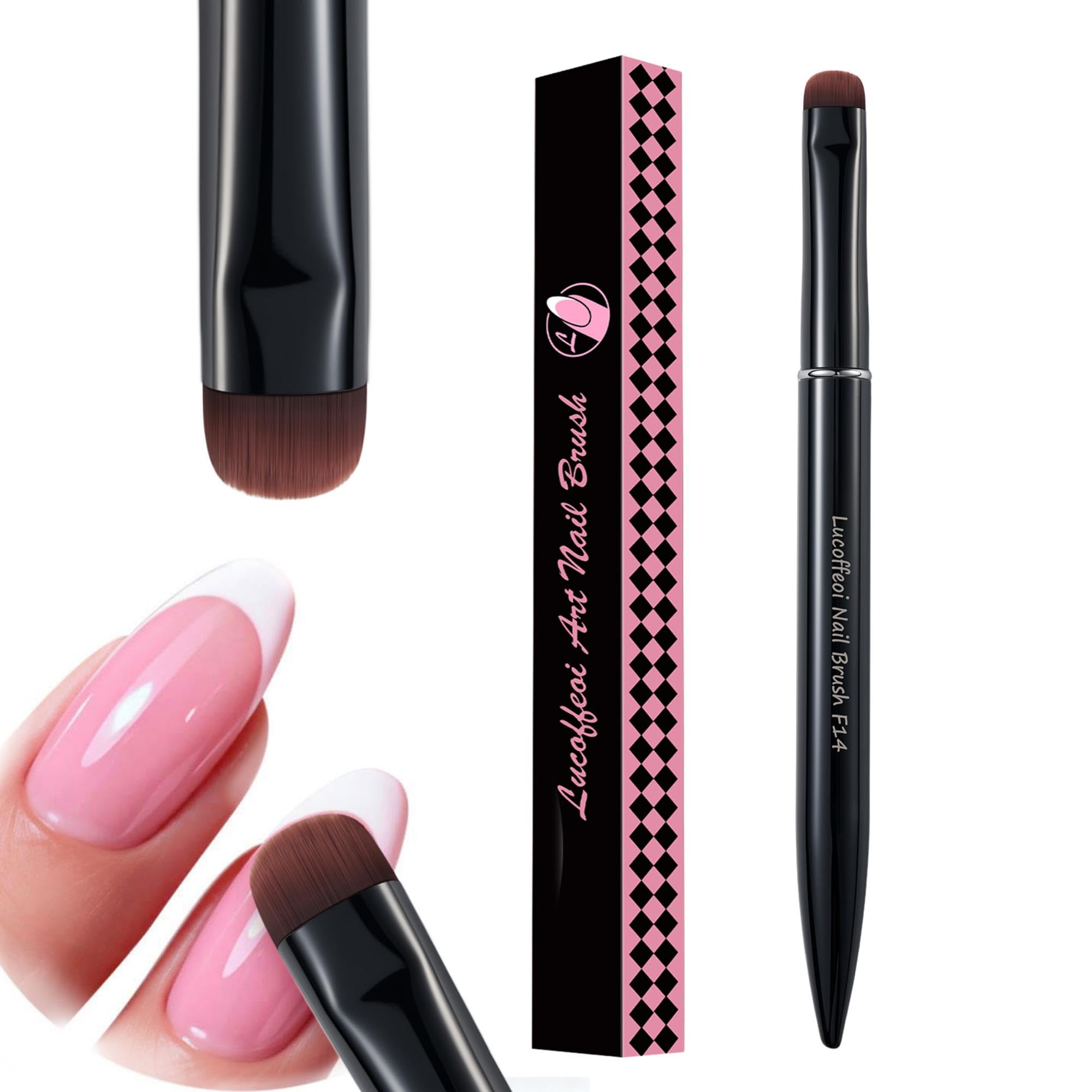 Cepillo de uñas para puntas francesas y esmalte de gel de limpieza, cepillo fino de precisión para acrílico, poligel, cepillo profesional Kolinsky Sable para arte de uñas (negro, F14)
