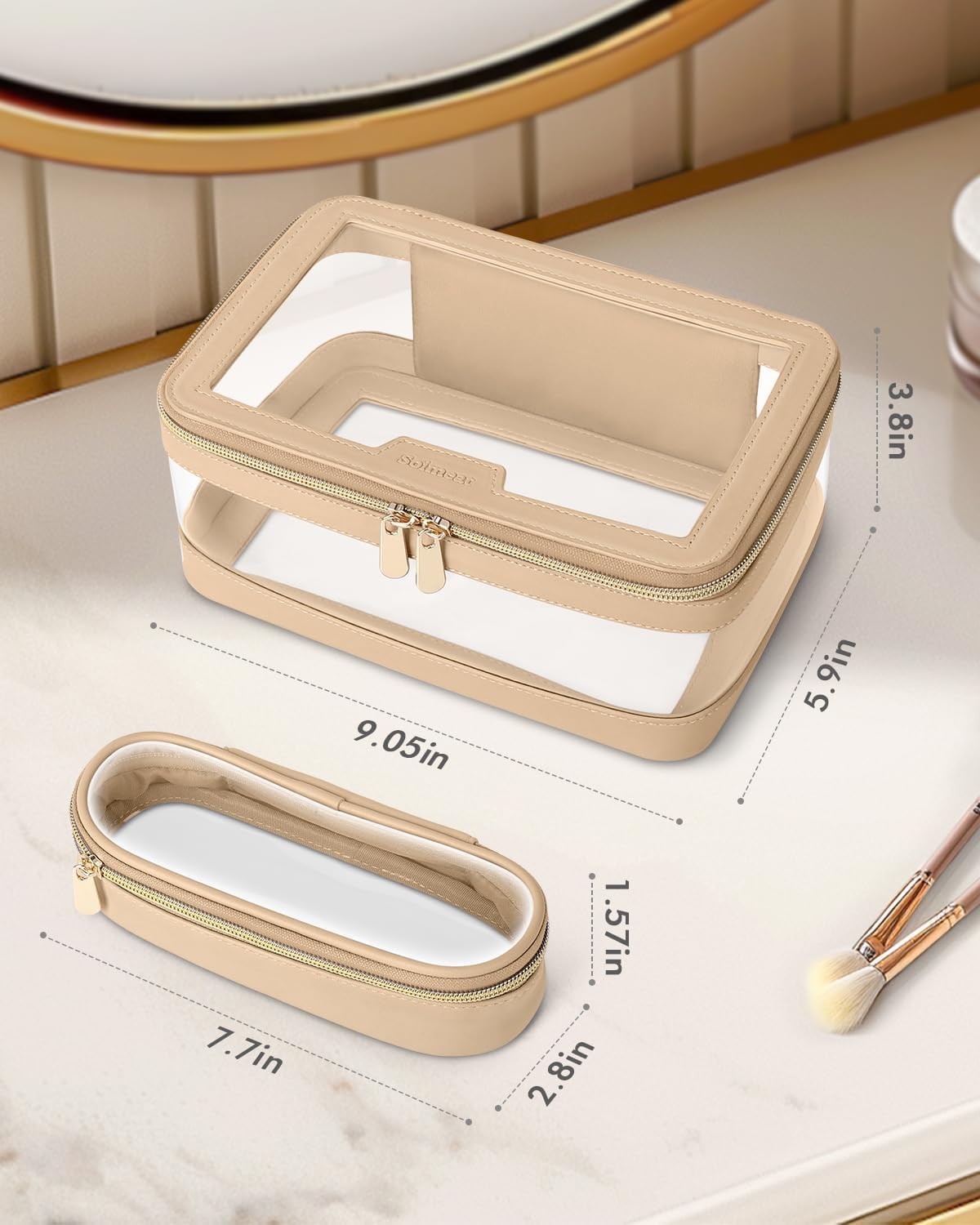Travel Clear Makeup Bag with Makeup Brush Bag, Leather Makeup Case Toiletry Bag, Portable Cosmetic Bag Case, Transparent Waterproof Cosmetic Organizer Storage Bag for Women, Khaki - Image 5