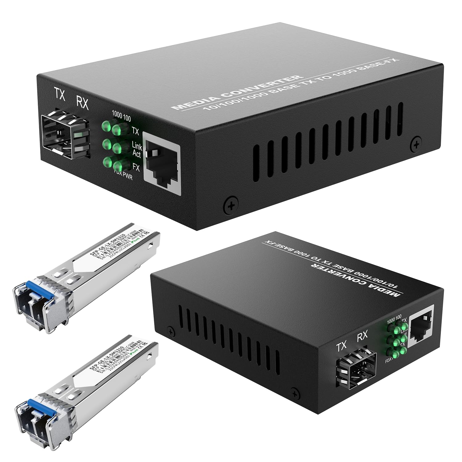 2Pack SFP LC SingleMode Fiber to Ethernet Media Converter, Included 2PCS Bidi SFP Dual LC Gigabit Transceiver Modules, 1.25Gbps, 1000Base-LX to 10/100/1000Base-TX, 1310nm, SMF, Up to 20KM Transmission