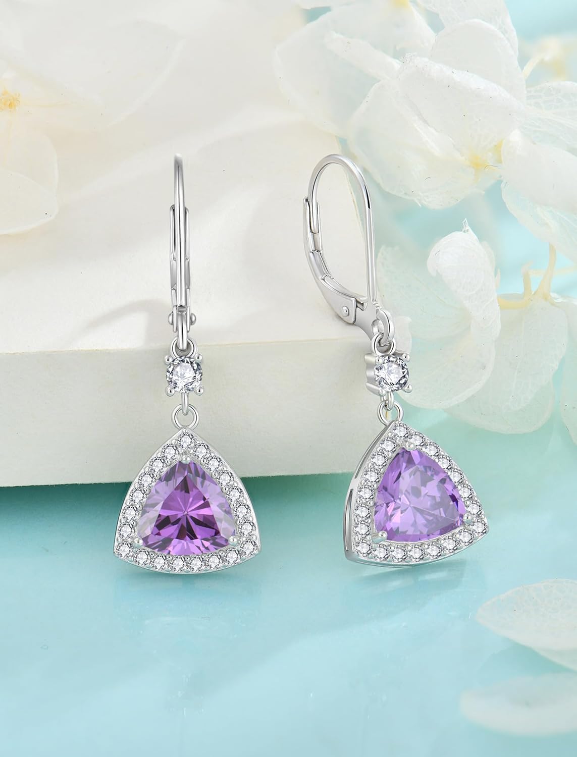 Dangle Drop Earrings for Women 925 Sterling Silver Triangle Halo Leverback Earrings with Birthstone Jewelry for Her - Image 4