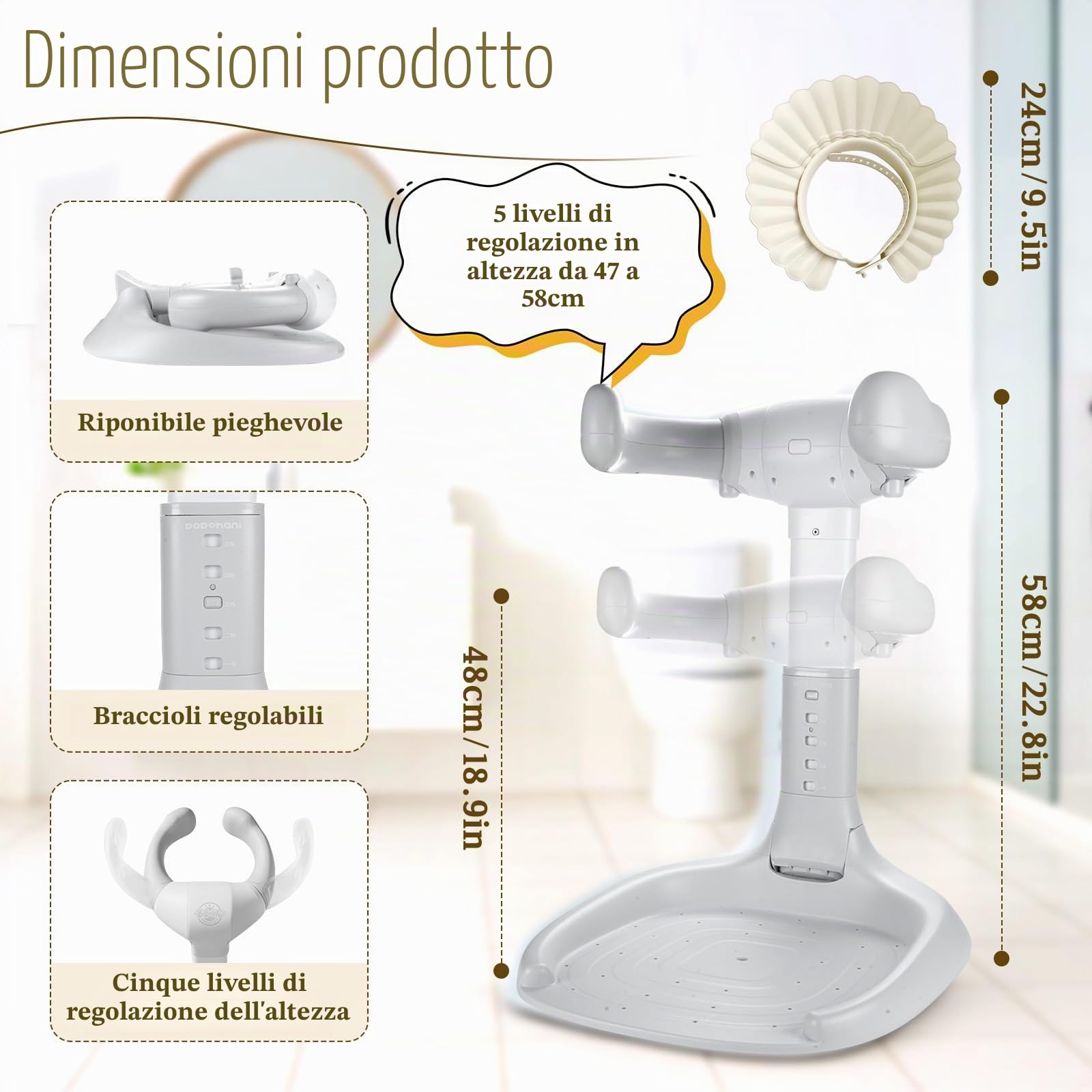 Supporto Doccia Bambini in Piedi, Regolabile Spporto per Doccia Bambini con Cuffia per la Doccia, Doccia Neonato, Pieghevole Supporto per Vasca da Bagno per 8-36 Mesi, Neonati e Bambino piccoli