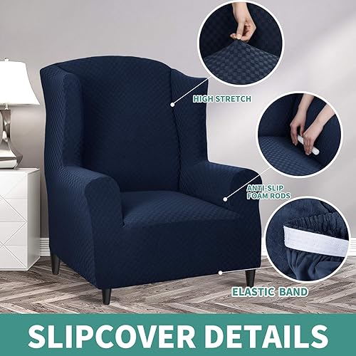 Miniatura 4 de YEMYHOM 1 funda elástica para silla con respaldo de ala + funda otomana de tamaño extra grande (azul marino)