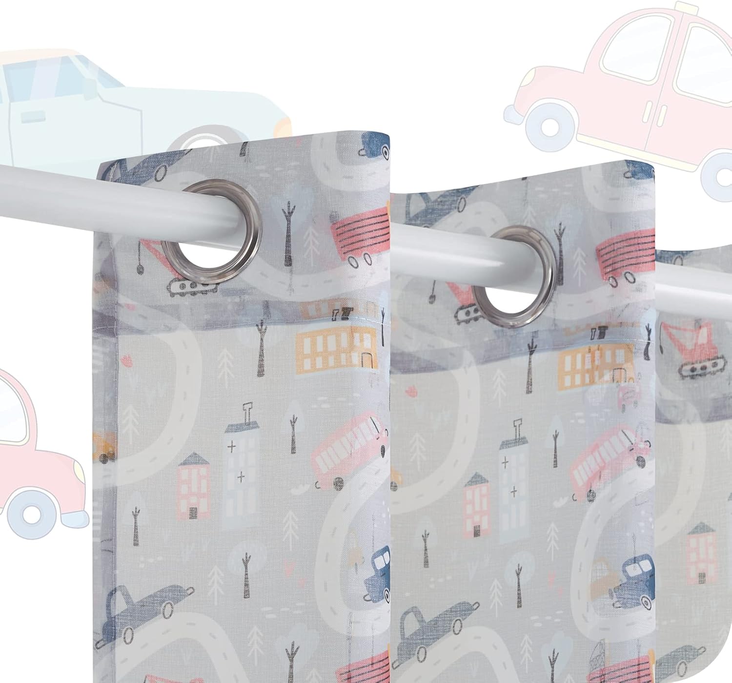 MRTREES Cortinas Estampado de Coche para Dormitorio Infantiles Habitacion de Niños Salon Moderno Visillos Translucidos Decorativos con Ojales 2 Piezas 140x145cm Gris Claro