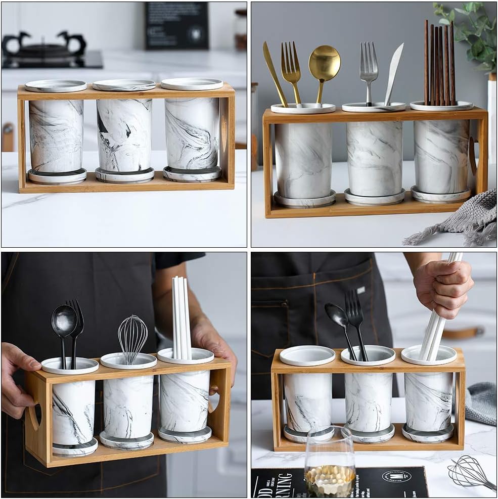 DOITOOL 1pc Marble Grain Ceramic Cutlery Storage Canister Bracket Kitchen Utensil Organizer for Chopsticks Spoons and Forks Elegant Tableware Storage Rack