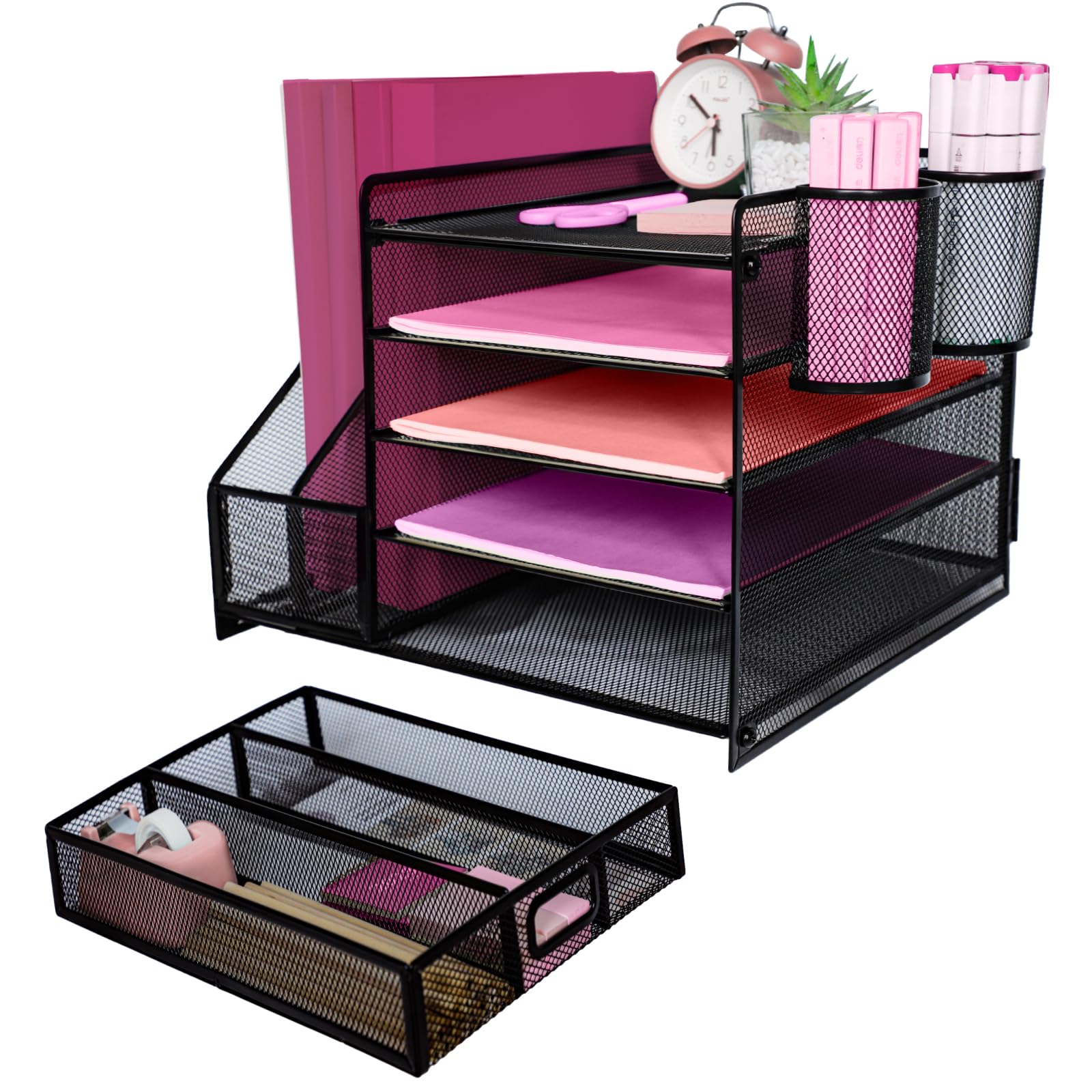 Organizer da scrivania con portadocumenti, organizer a 5 ripiani con cassetto e 2 portapenne, organizer da scrivania in rete per forniture per ufficio, spazio di lavoro, nero