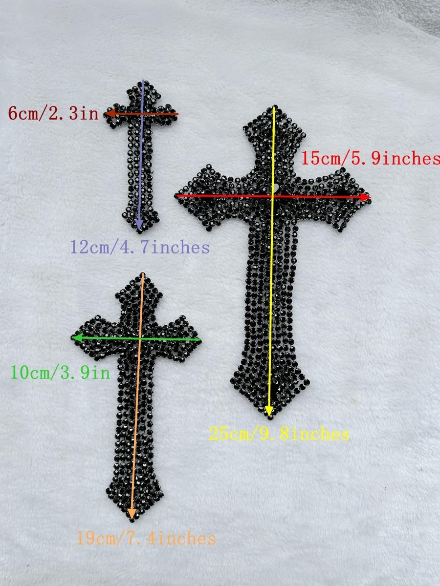 3PCS Pure Handsewing Rhinestones Applique Multicolor Cross Patch DIY Craft Accessories for Dress Jackets Jeans Backpacks Hats Clothing Decoration (Black)