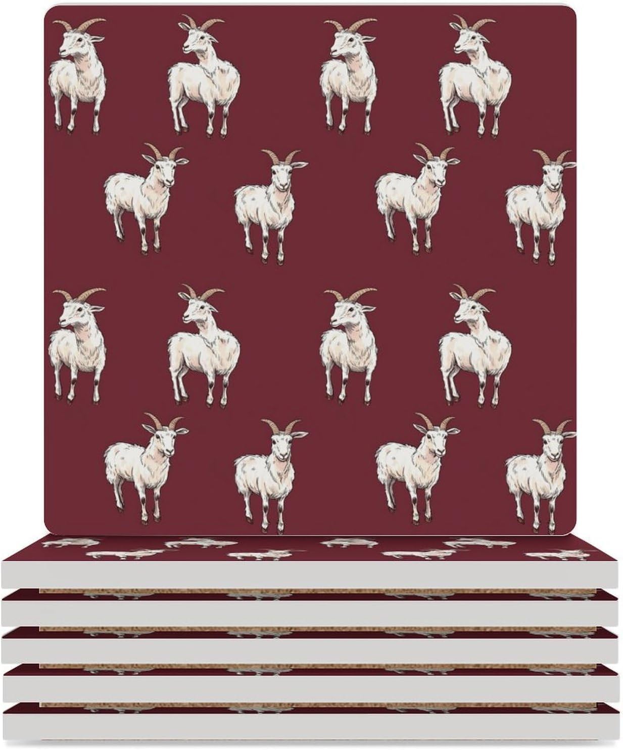 Goat Pattern Funny Ceramic Coasters for Drinks Absorbent Cup Holder Tabletop Protector with Cork Base