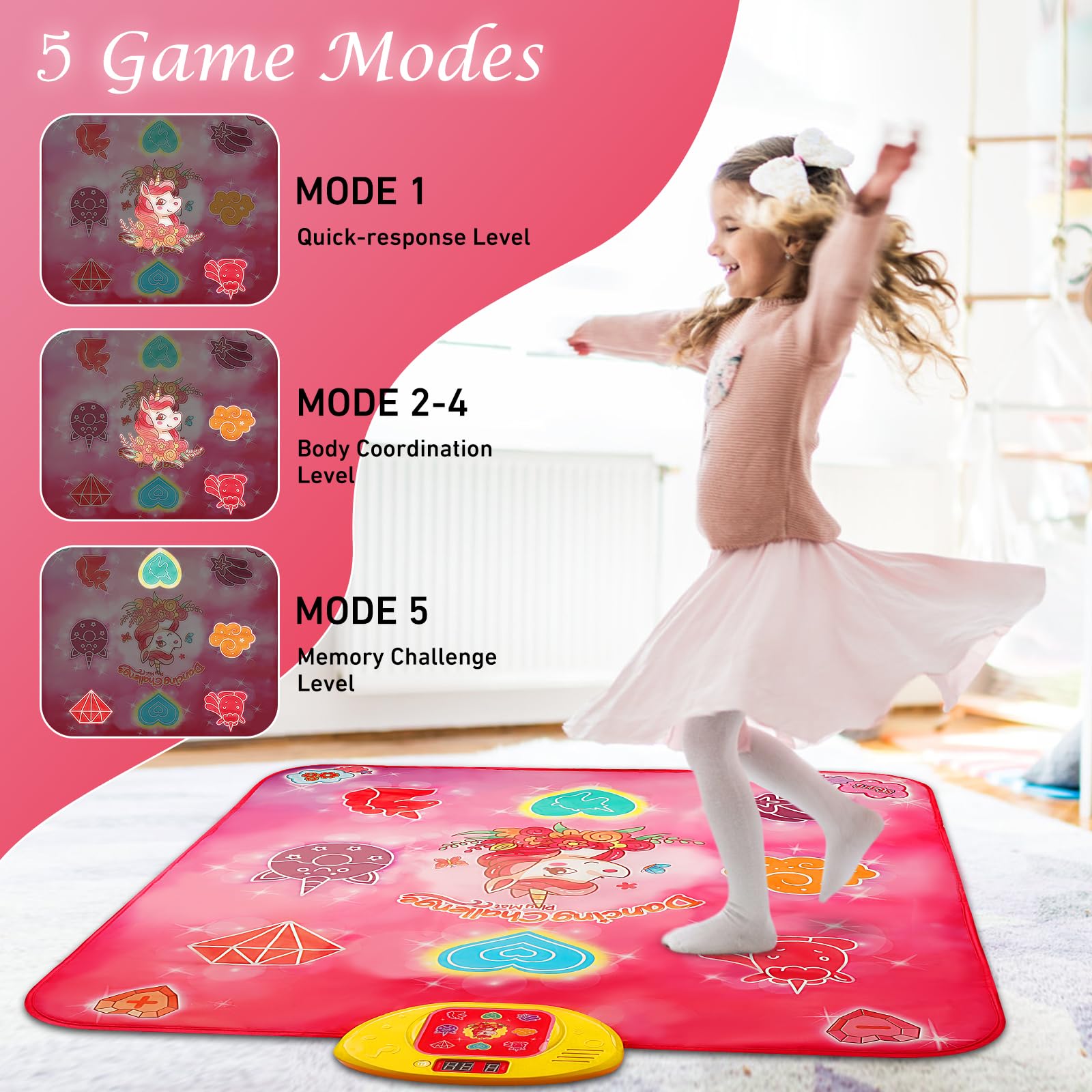 VATOS Tappetini da ballo per bambini, regali per ragazze e ragazzi, tappetino musicale con 5 modalità di gioco, 3 livelli di sfida, luci a LED, giocattolo di compleanno, a partire da 3, 4, 5, 6, 7, 8,