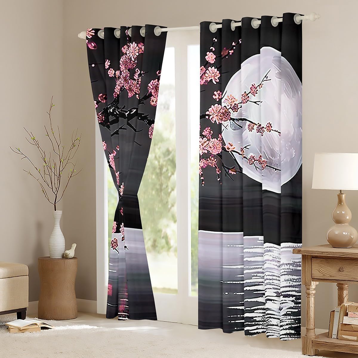 Manfei Lake Landscape Window Drapes Block 30%-50% Light,Pink Blossom Flower Kitchen Window Treatments 42Wx63L Inches,Moon Night Decor Window Curtains