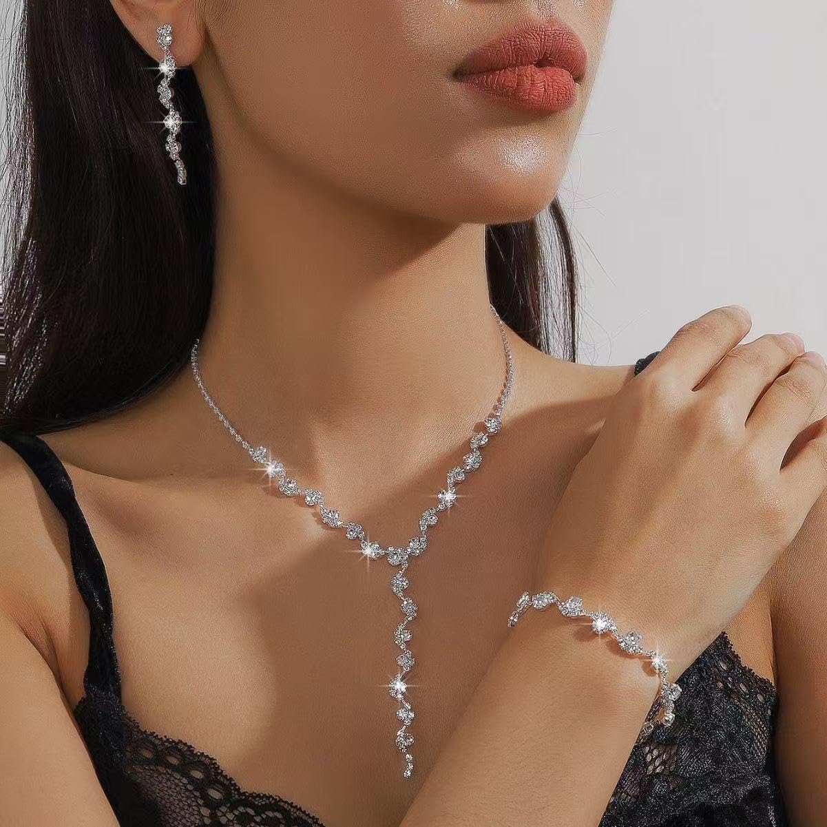 DATOA Exquisite Jewelry Set Bride Wedding Jewelry for Women Oval Teardrop Rhinestone Imitation Crystal Collar Necklace Pierced Dangle Earrings Set for Prom Party - Image 3