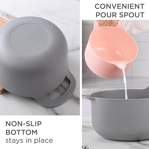 Vista 130 de COOK WITH COLOR Nesting - Juego de cuencos de plástico para mezclar con boquillas y asas, color rosa, 4 piezas antideslizantes