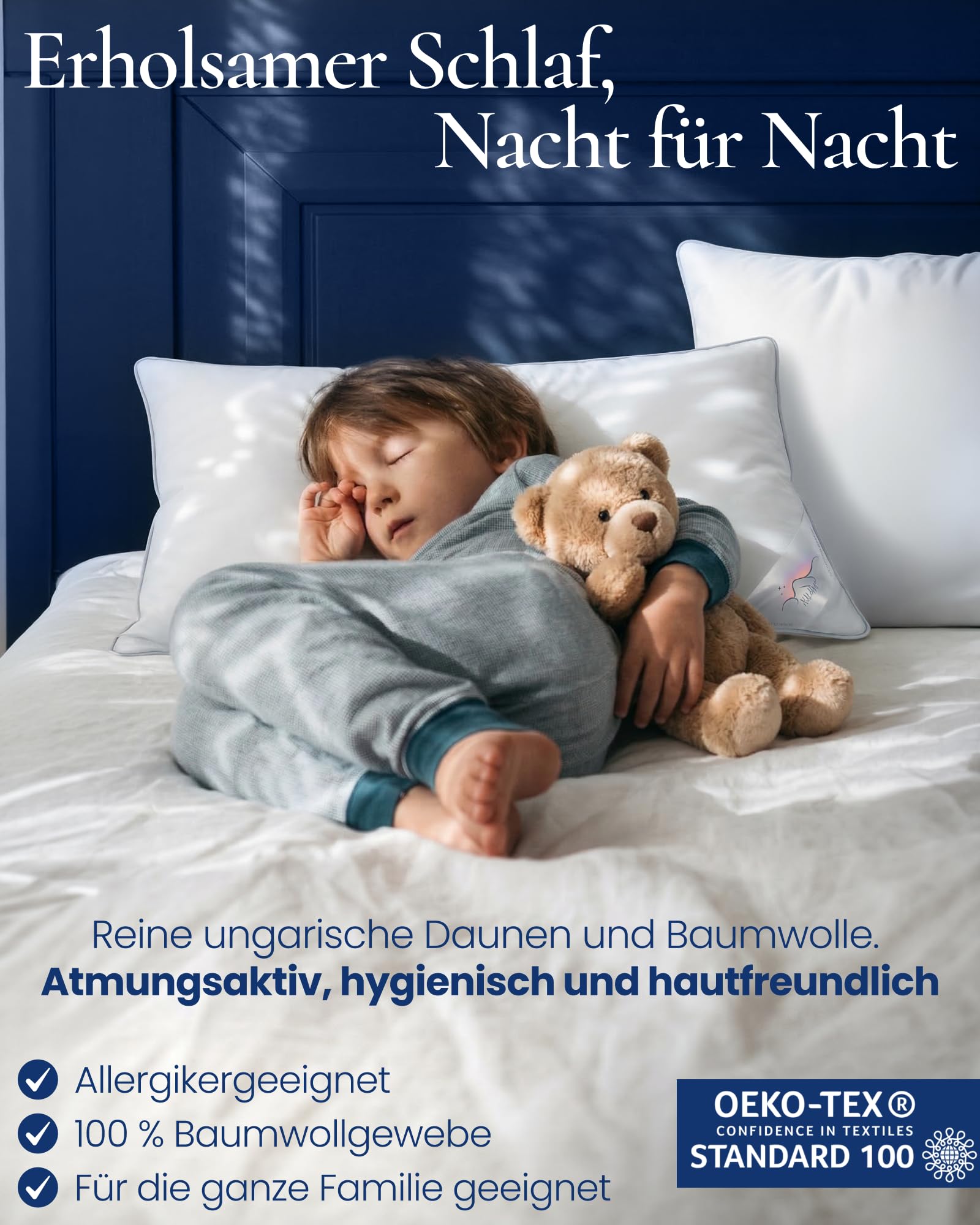 Aura® 3-Kammer Kopfkissen 80x80 – Daunenkissen mit 90% ungarischen Daunen Klasse I, mittelfest, OEKO-TEX®, 100% Baumwolle, für Allergiker geeignet