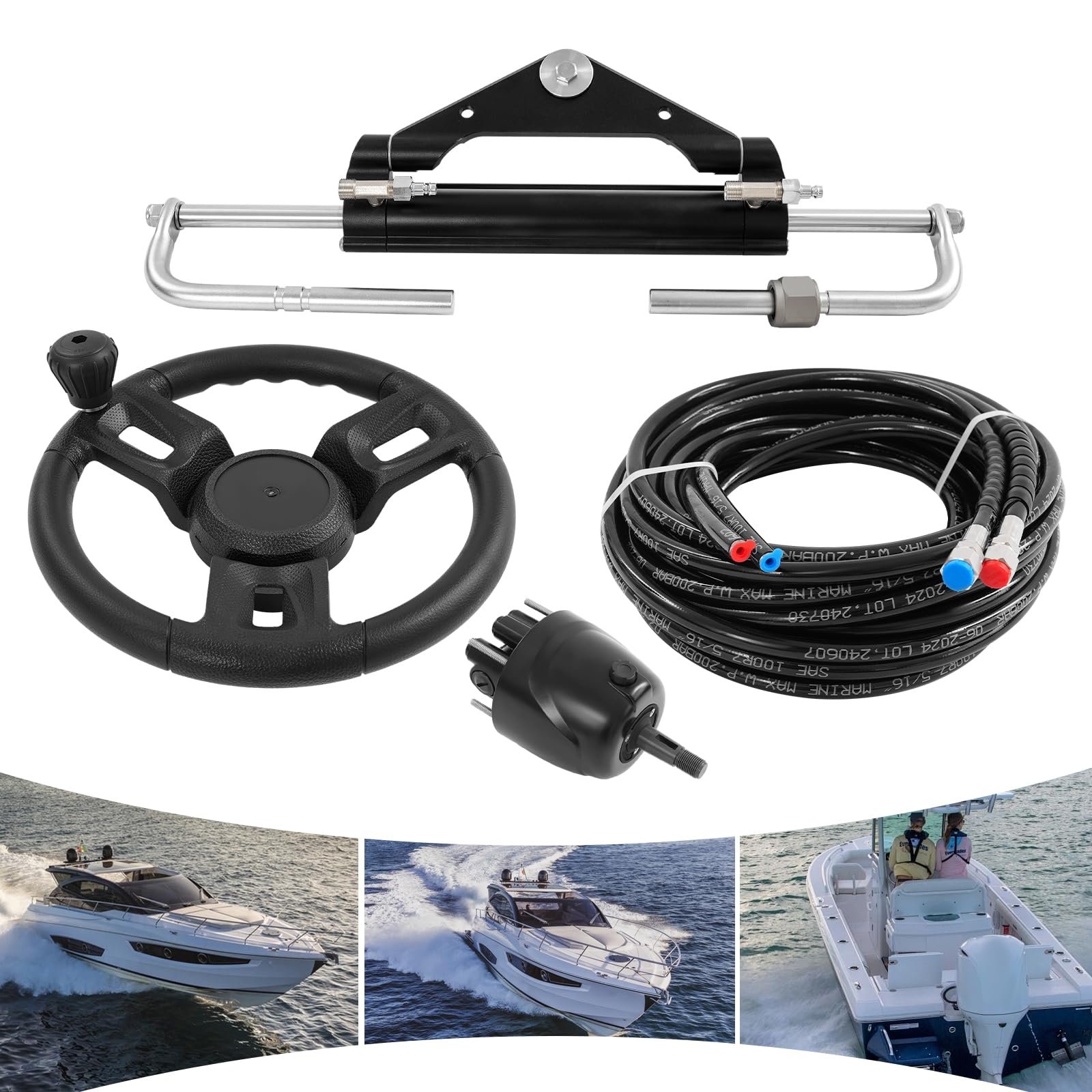 Kit de dirección fueraborda hidráulico de 150 CV con bomba de control y manguera de dirección hidráulica de 8 m, sistema de dirección marina para barcos de pesca, yates (con volante)