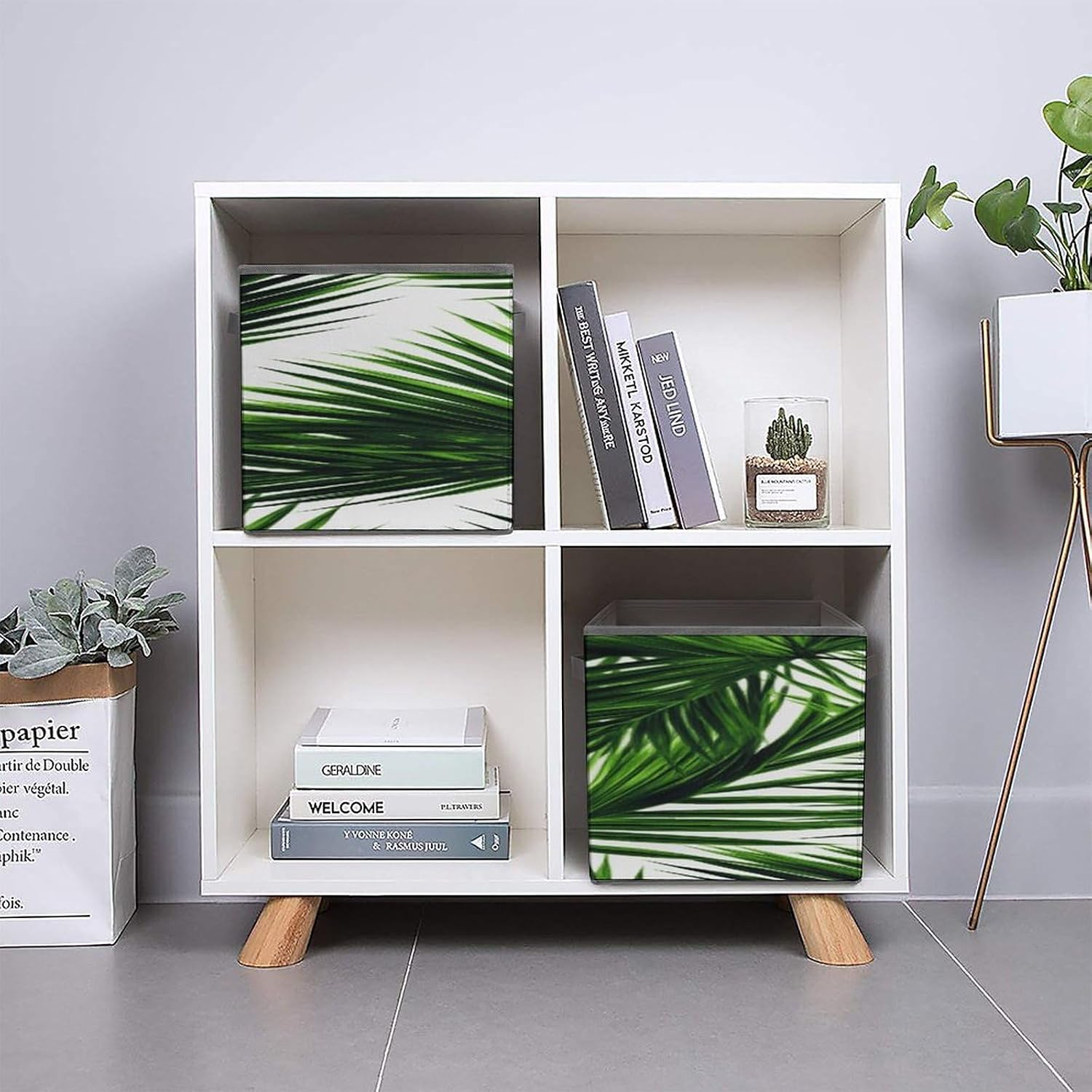 Palm Tree Green Leaves Fabric Bins Storage Basket Square Baskets | Storage Bin with Double Handles,Cube Collapsible Organizers for Organization,Closet,Shelves,Offices