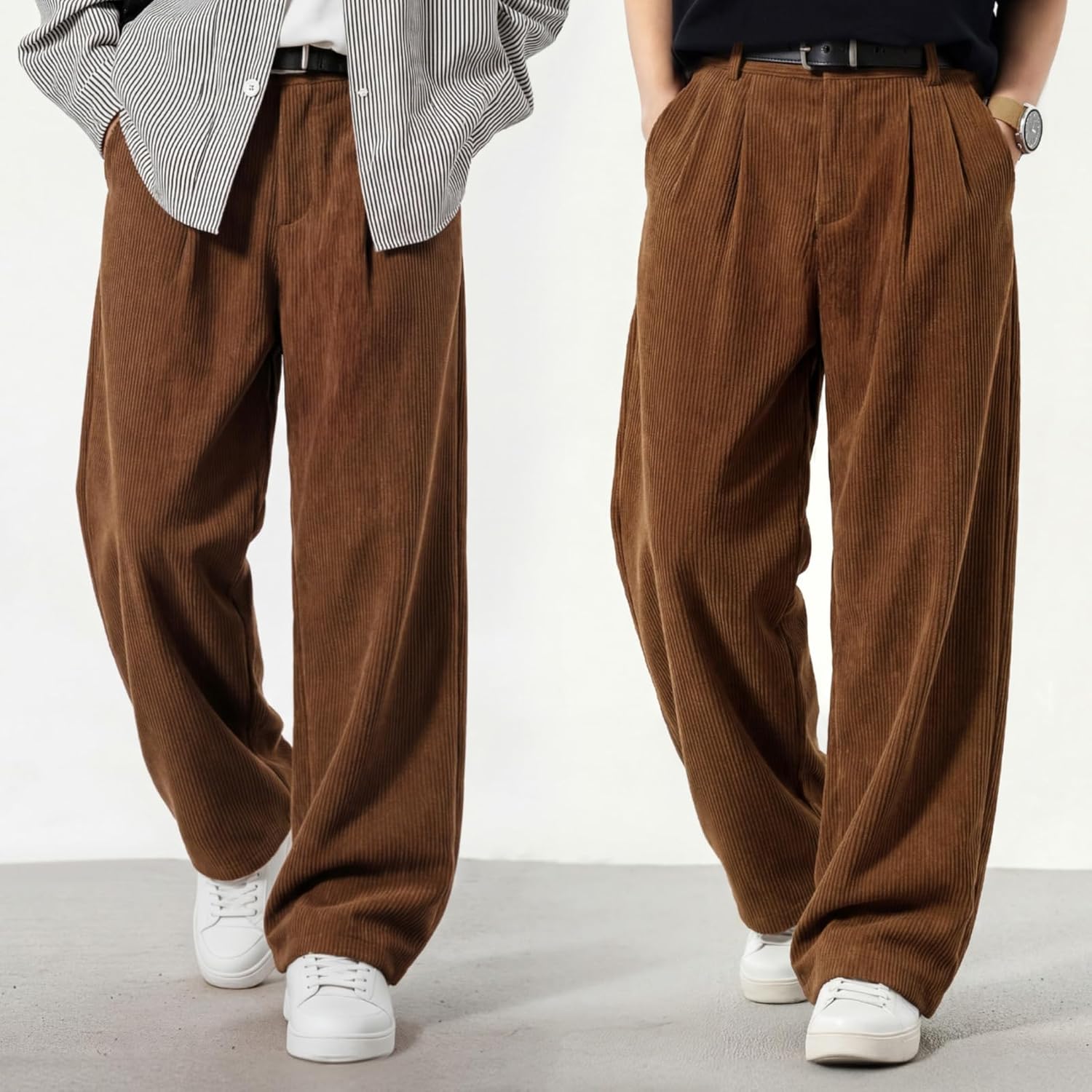Mens Baggy Corduroy Pants Vintage Casual Pants for Men with Belt Loop - Image 3
