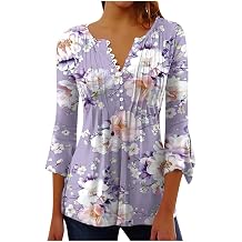 2024 Women's Blouses & Shirts 3/4 Sleeve Susan Julie Tops UK Swing Bohemian Blouses Tops Elegant Floral Printed Tunic Tops Henley T-Shirt Casual Baggy Pullover Hanky Hem T Shirt
