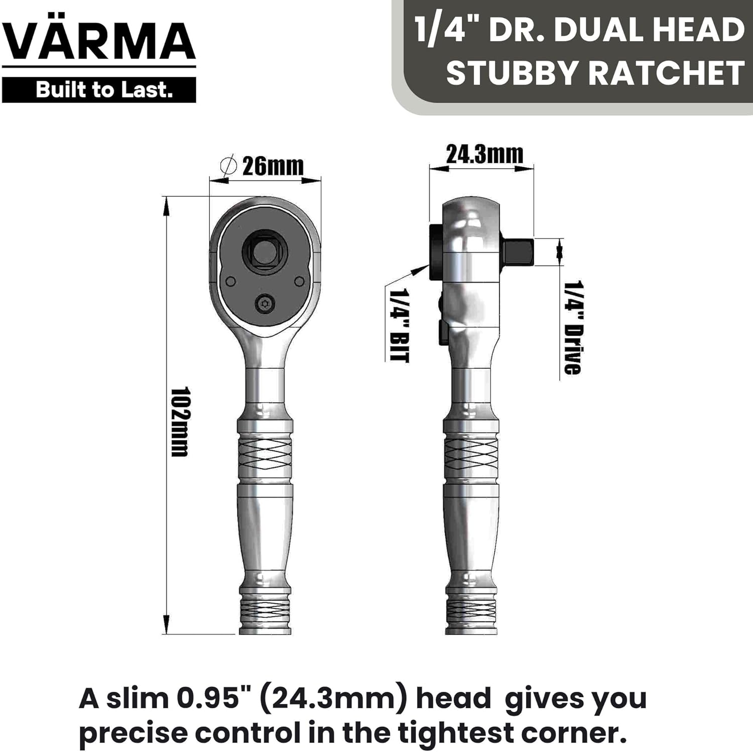 1/4-Inch Dual-Head Stubby Ratchet Handle | 72-Tooth Reversible Wrench & Bit Driver | Compact, High-Torque, CR-V Steel for Tight Spaces & Automotive Repairs