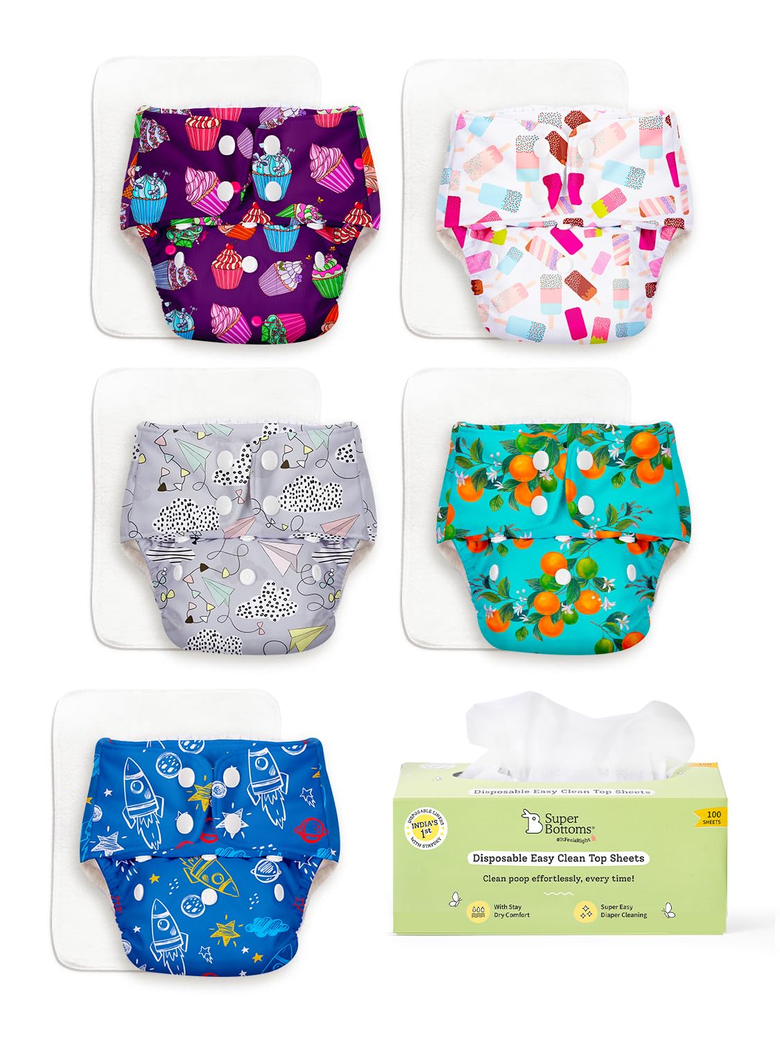SuperBottoms BASIC Cloth Diaper Pack of 5 with 5 UltraThin Dry Pads & 100 Disposable Easy Clean Top Sheets | Washable & Reusable | Adjustable Baby Fit 3m–3y-image-22