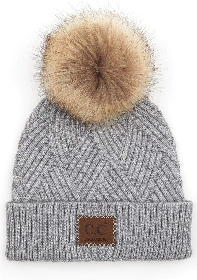 ScarvesMe Exclusive Heather Suede Patch in Diagonal Stripes Criss Cross Beanie Hat with Cuff and Pom