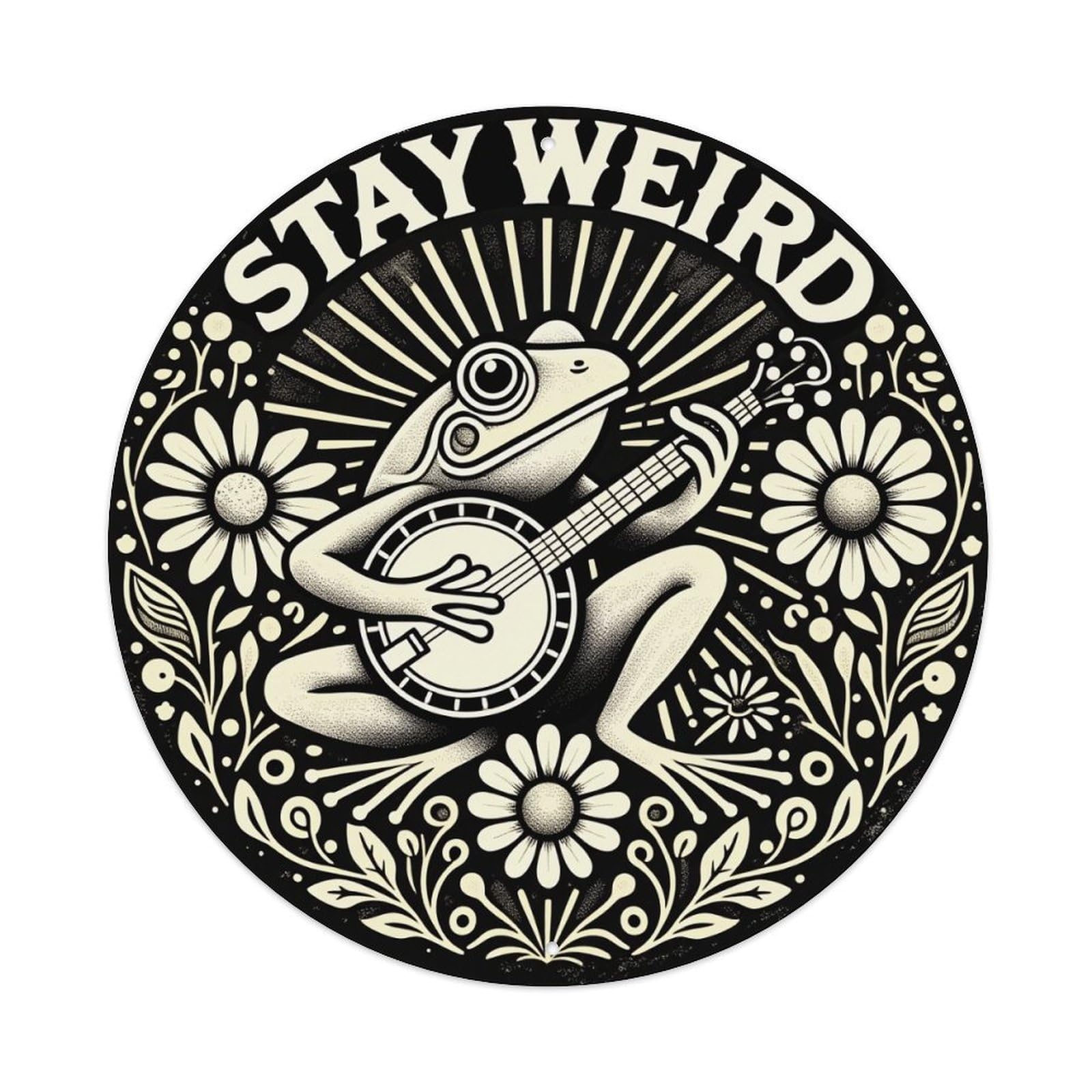 Frog Playing Banjo Flowers Sunburst Round Tin Sign Vintage Metal Poster, Home Bar Garage Man Cave Cafe Indoor & Outdoor Wall Decoration 8x8Inches