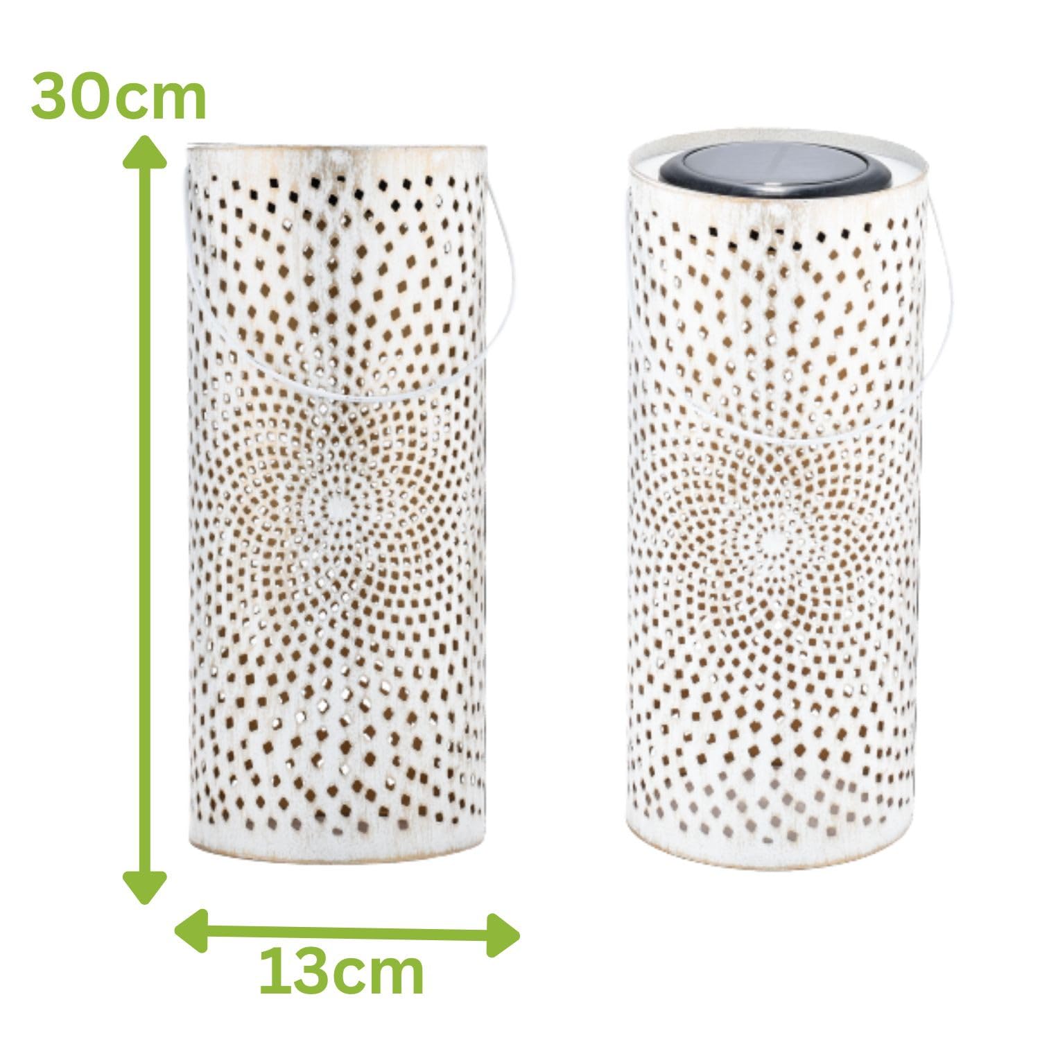 Marrakech zestaw 2 latarni solarnych do użytku na zewnątrz z uchwytem z metalu o wielkości 30 cm | orientalna latarnia solarna LED Swann, biała, klasa wodoszczelności IP65, jako dekoracja ogrodowa