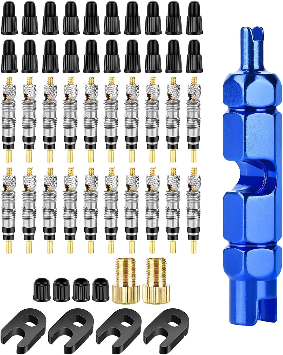 51PCS Presta Valve Core Repair Kit - Tubeless & Presta Valve Caps, Removal Tool, Adapters, Tire Valve Caps