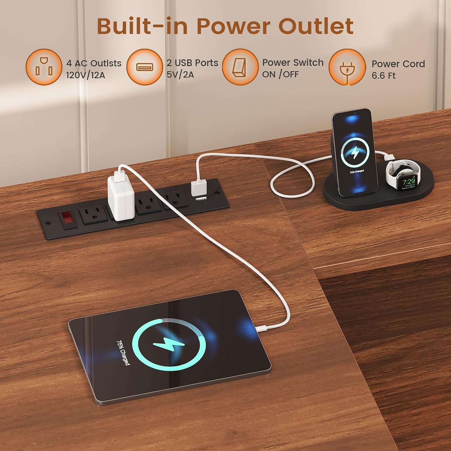 Close-up of the built-in power outlet on the desk, showing 4 AC outlets and 2 USB ports, with devices like a tablet and phone charging.