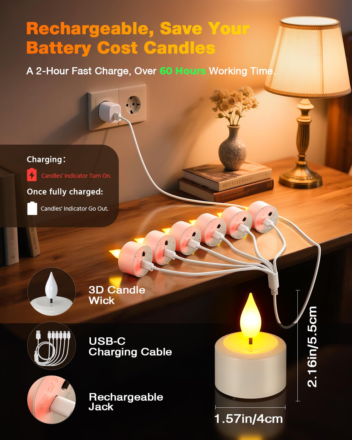 Yme 12 Candele a LED ricaricabili con timer, lumini elettrici a LED, ricaricabili, con funzione timer per stanza, soggiorno, Halloween, zucca, Natale, feste