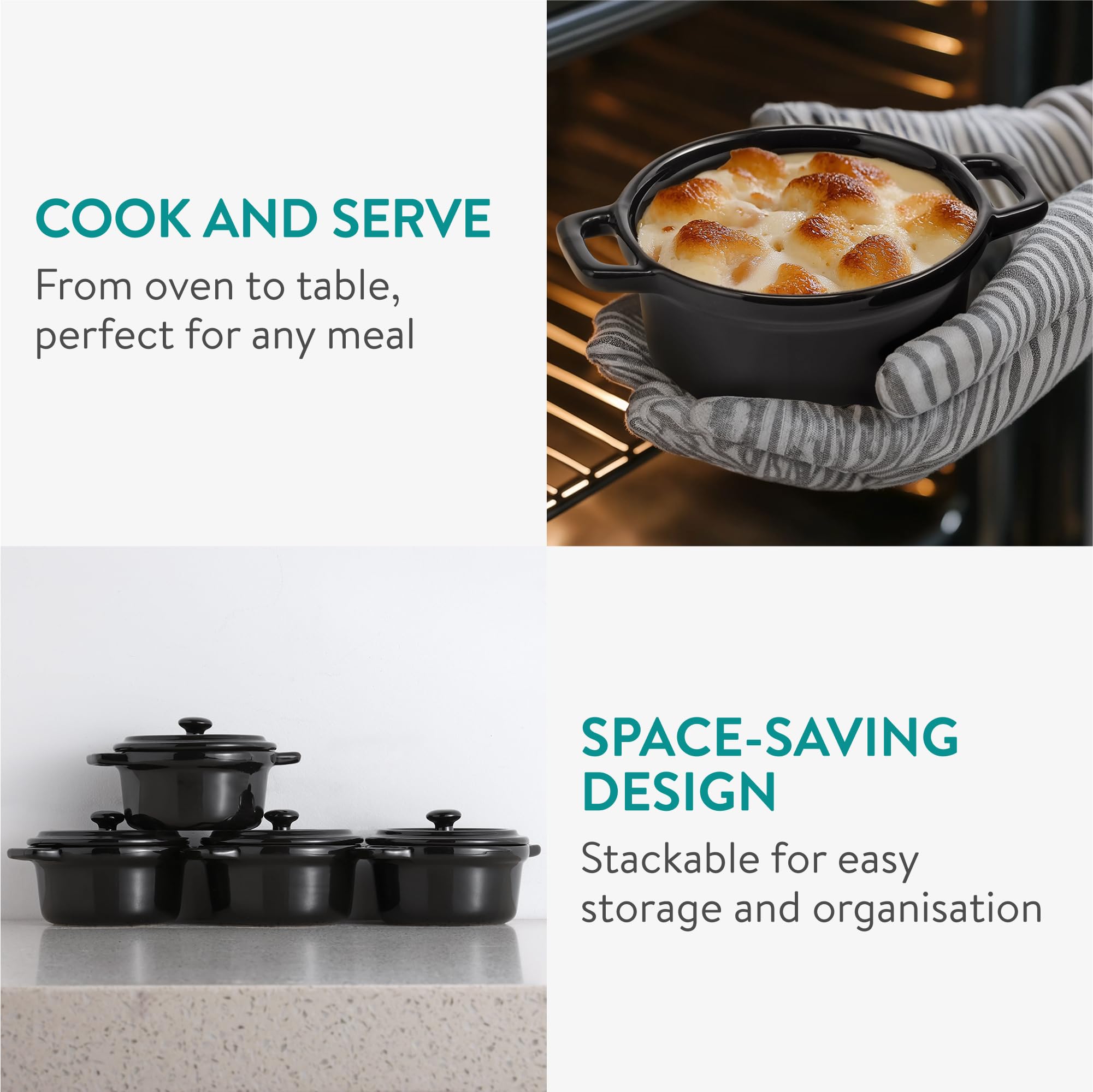 Navaris Mini Cazuelas de Cocina - 4x Cacerola Horno con Tapa de Cerámica - Cazuelitas Individuales 14 x 11 x 7 cm - Cacerolas para Lasagna Postres Sopas - 4x Cazuela Cocotte Negra