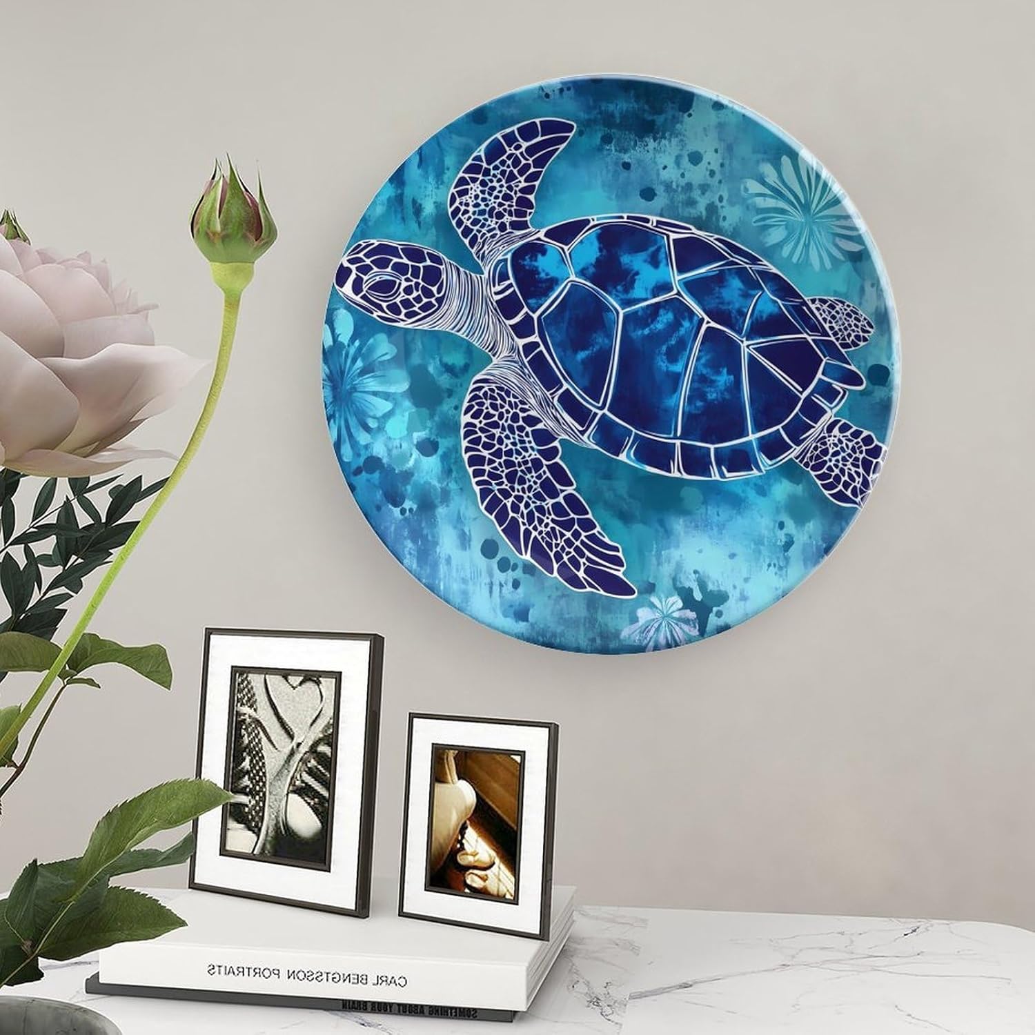 Turtle Ocean Daisy Flowers Decorative Plates for Display Ceramic Plate Tray with Stand Hanger Home Decor
