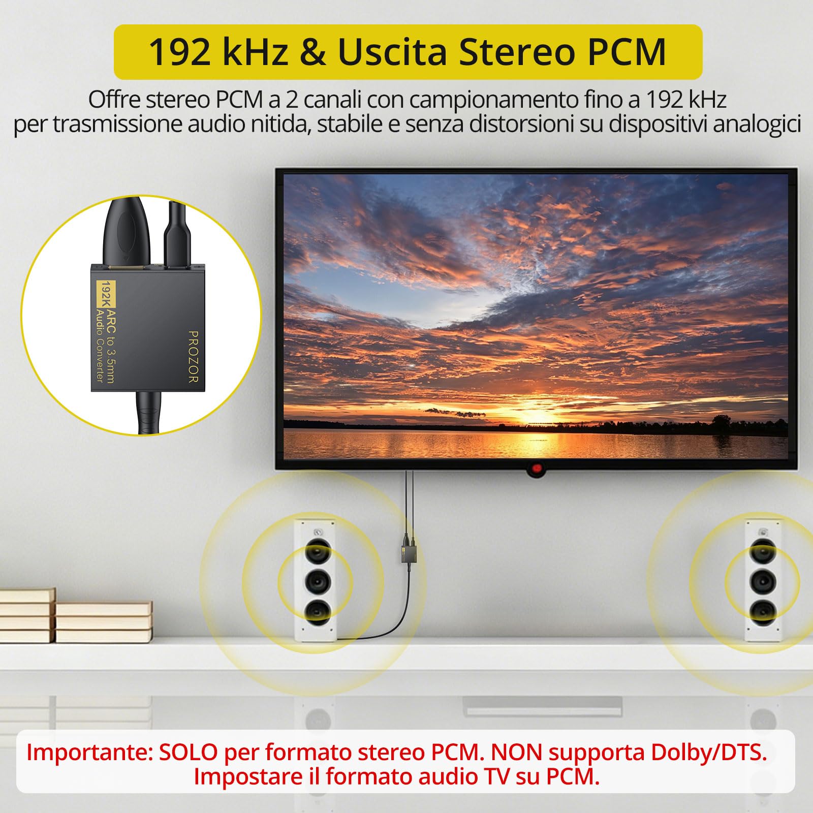 PROZOR eARC/ARC Audio Extractor HDMI a 3,5mm per TV HDTV, Adattatore ARC Audio Converter PCM Stereo, Collegamento Cuffie, Amplificatore, Altoparlanti Attivi