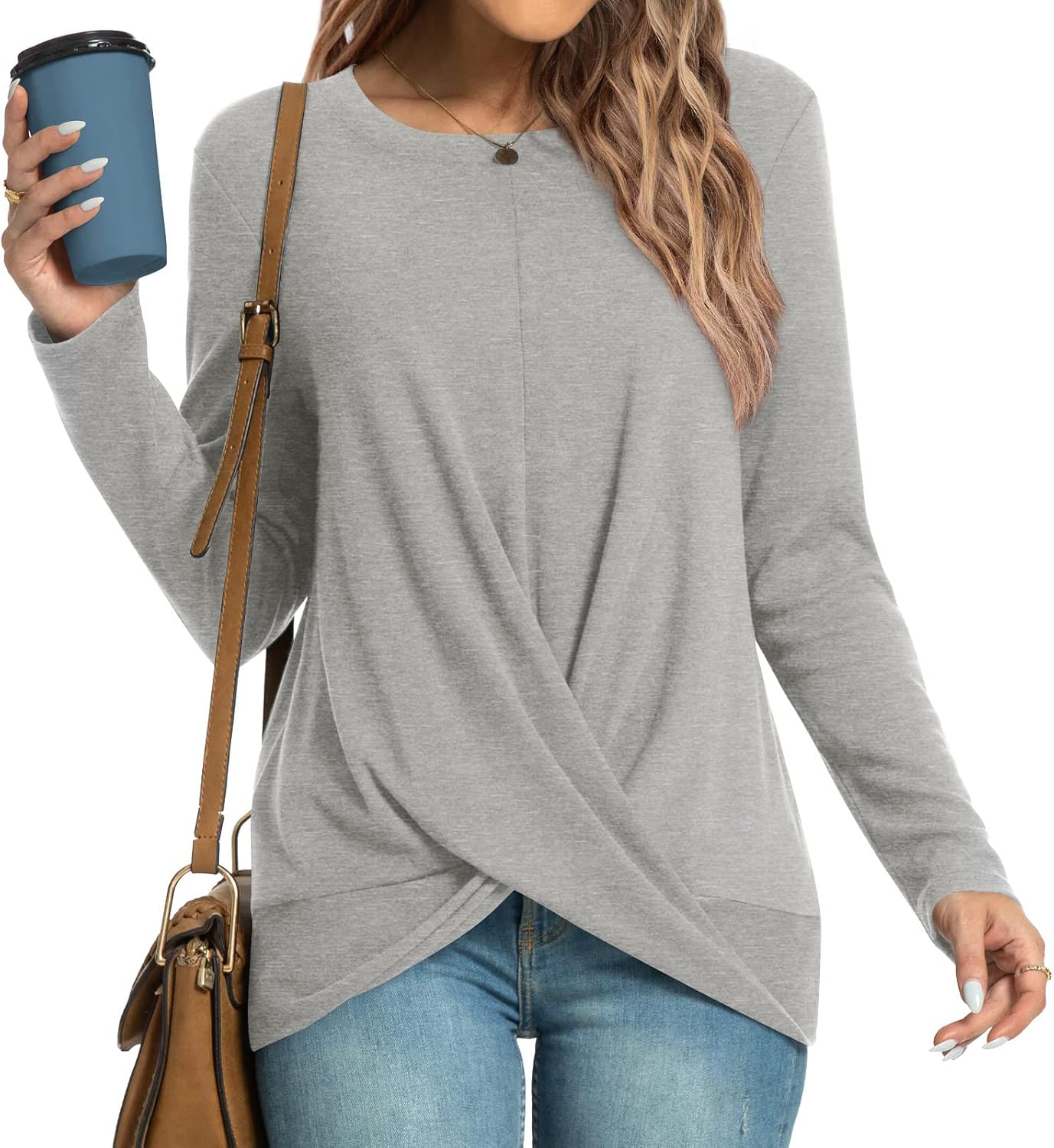 HOTGIFT Women Tunic Tops, Long Sleeve Crewneck Shirt Twist Front Blouse