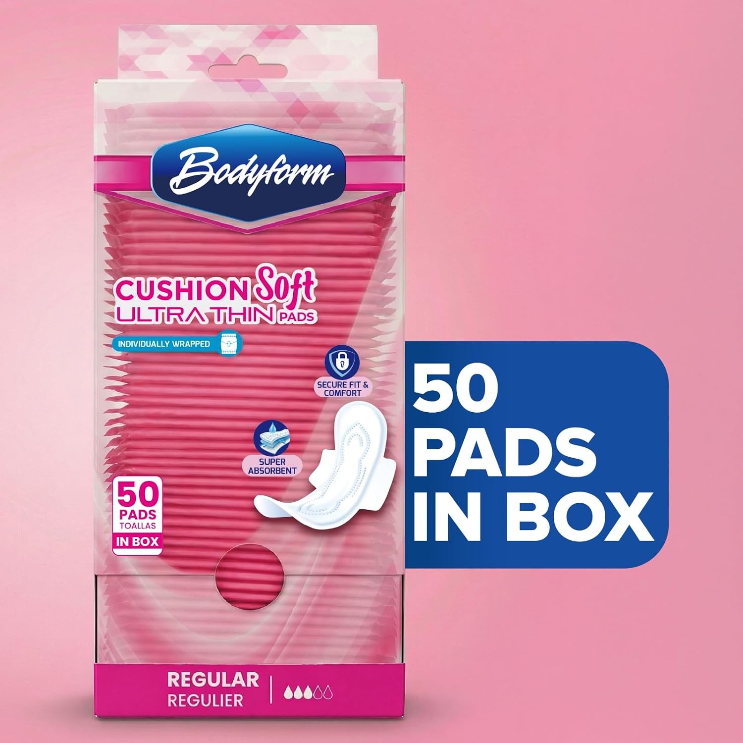 Bodyform Ultra Thin Sanitary Pads with Easy Pull‑Tab Dispenser | 50 Count (Pack of 1) Individually Wrapped Feminine Napkins for Schools, Offices and Public Restrooms