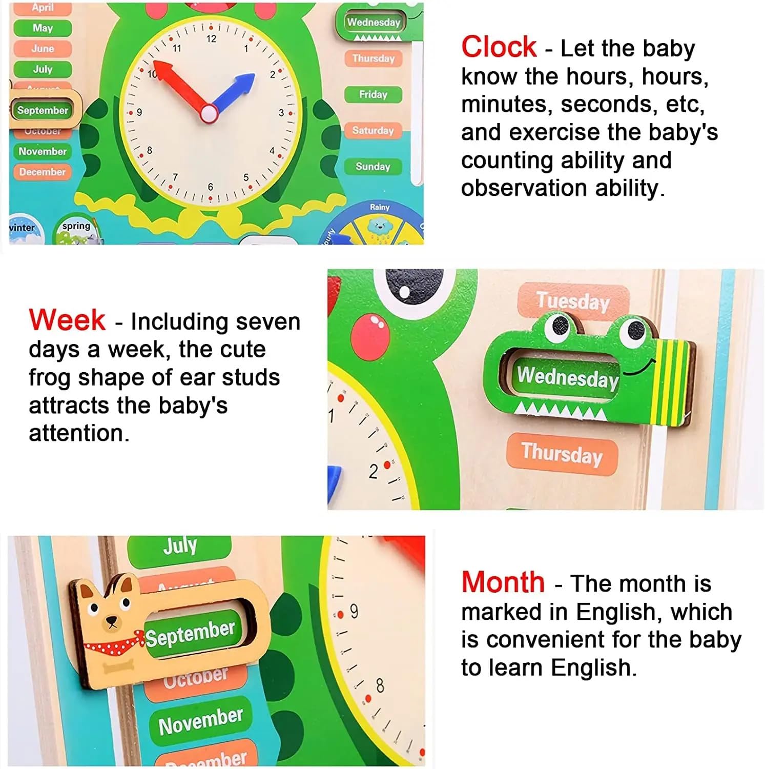 Mara Bommai Wooden Kids Learning Calendar Clock | Interactive Montessori Educational Toy for Toddlers | Teaches Time, Days, Months, Seasons & Weather” - Image 2 thumbnail
