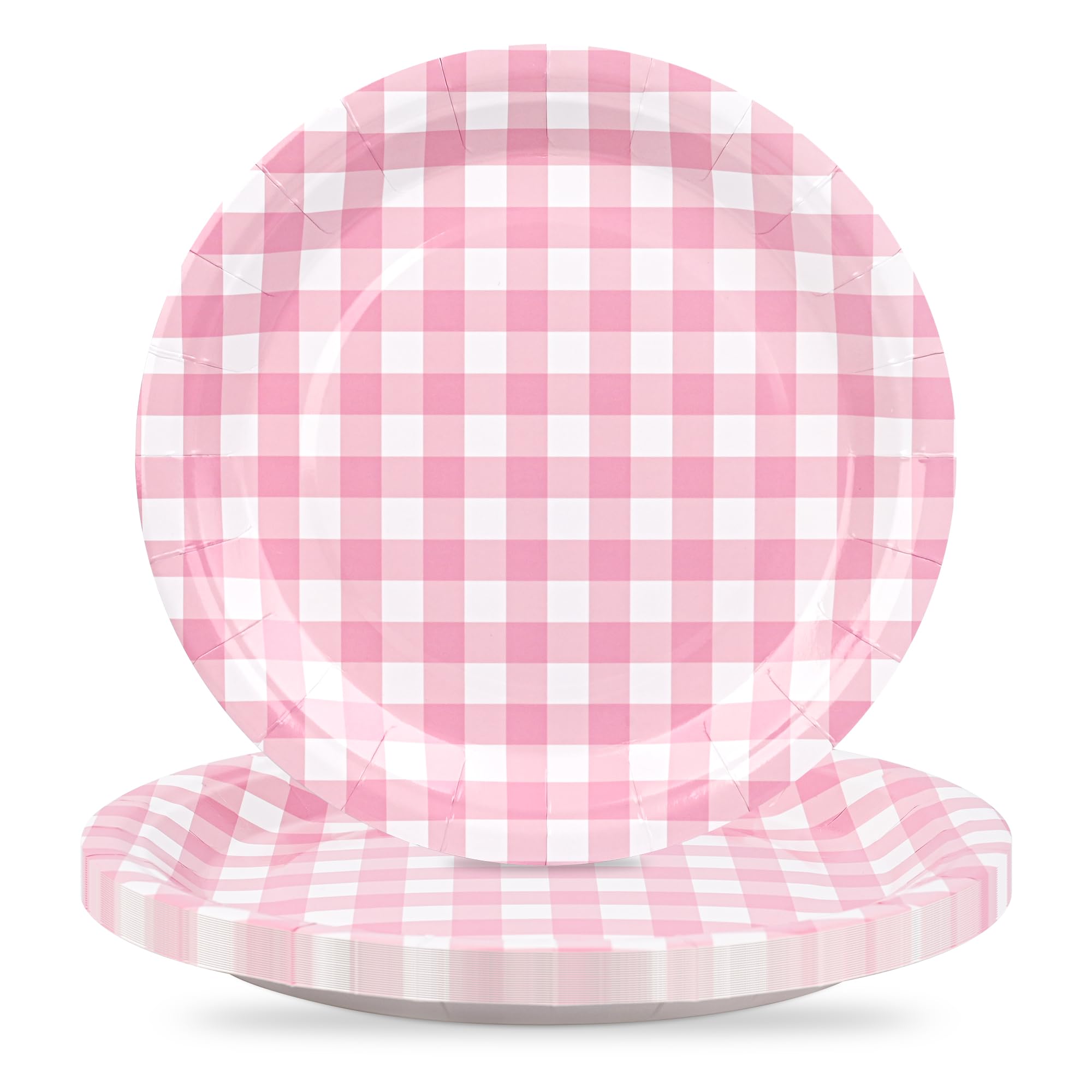 Houuqe 24Pcs Gingham Party Supplies Pink Paper Plates 9 inches Disposable Plaid Decorative Dinner Dessert Serving Plates for Baby Shower Valentine's