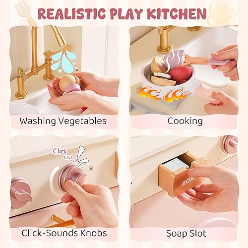 Miniatura 8 de ROBUD Play Kitchen, juego de cocina de juguete grande rosa con cafetera y tostadora para niños pequeños a partir de 3 años, cocina de madera para