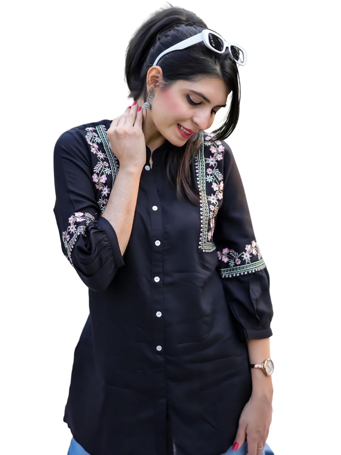 EthnicJunction Women’s Rust Viscose Rayon Embroidered A-line Short Kurti | Short Kurti for Women | Top for Office | Women’s Tunics Tops | Regular Fit Top