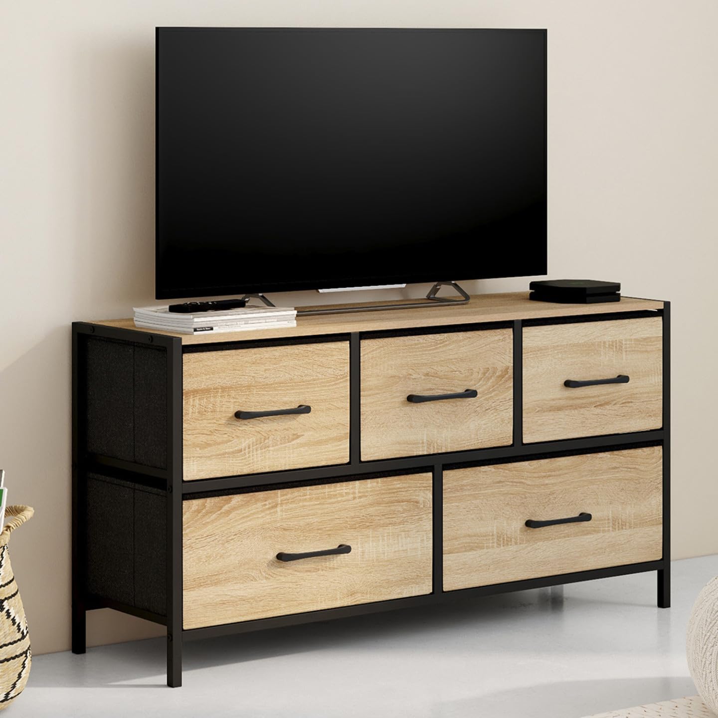 IDMarket - Commode 5 tiroirs en Tissu Utah H.55 cm Meuble de Rangement Design Industriel