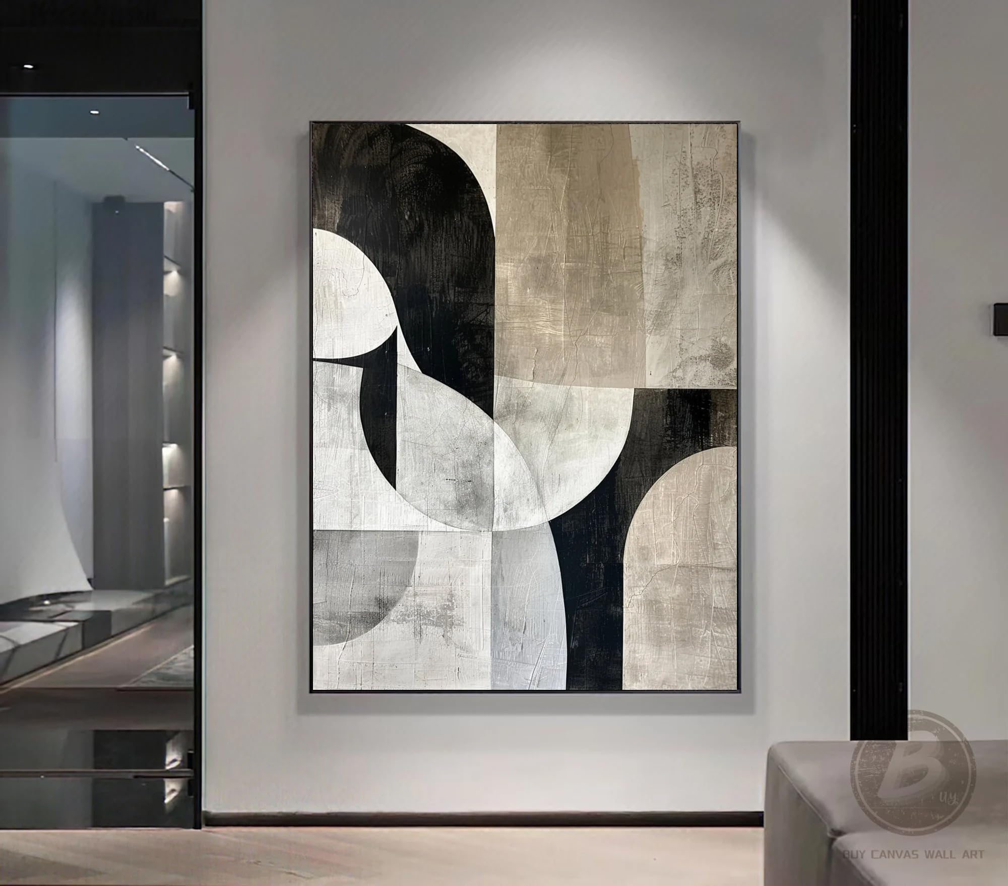 UUDEZO Cuadro al óleo geométrico abstracto en tonos beige, gran obra de arte para pared en tonos beige y negro, decoración neutra (90x110 cm (35x43 pulgadas)