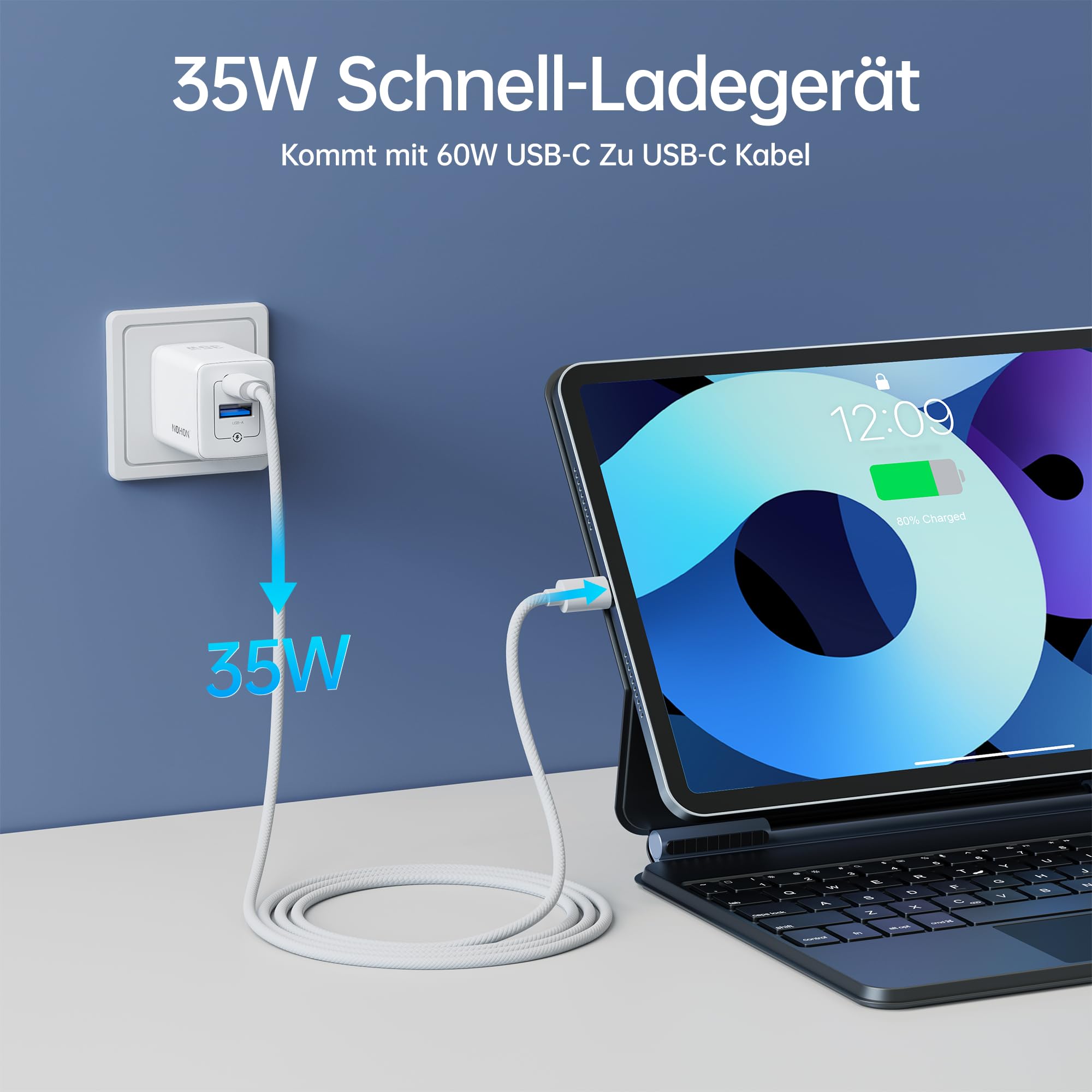 NOHON Ładowarka USB C do szybkiego ładowania: 35 W, zasilacz USB C z kablem do ładowania typu C 1 m, 2 porty GaN, wtyczka ładowania telefonu komórkowego kompatybilna z iPhone 15/14/13/12 Mini Pro