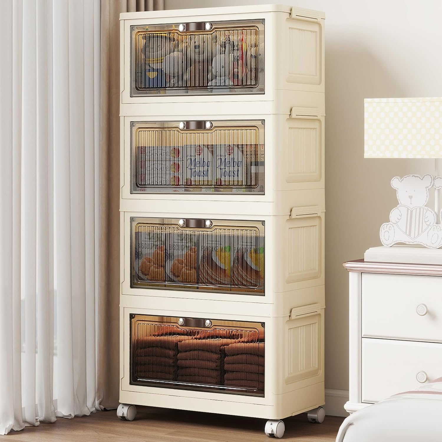 4 Tier - 48QT Storage Bins with Lids, Collapsible Storage Bins with Doors and Wheels, Plastic Storage Cabinet for Easy Storage and Organization for Living Room, Office 48Gal-4pack